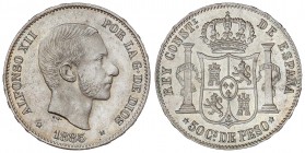 PESETA SYSTEM: ALFONSO XII
50 Centavos de Peso. 1885. MANILA. (Leve rotura de cuño en anverso). Brillo original. EBC+/SC-.