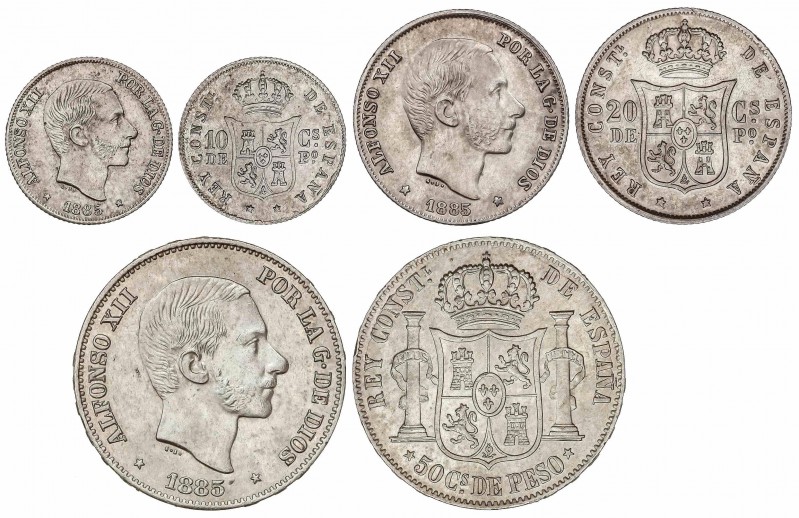 PESETA SYSTEM: ALFONSO XII
Lote 3 monedas 10, 20 y 50 Centavos de Peso. 1885. M...