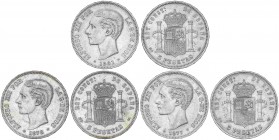 PESETA SYSTEM: ALFONSO XII
Lote 3 monedas 5 Pesetas. 1877 (*18-77) D.E.-M., 1878 (*18-78) D.E.-M. y 1881 (*18-81) M.S.-M. (Rayitas). EBC-.