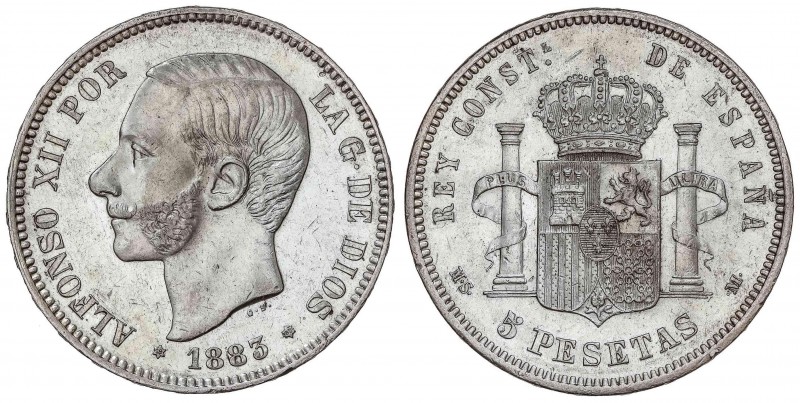 PESETA SYSTEM: ALFONSO XII
5 Pesetas. 1883 (*18-83). M.S.-M. (Pequeños golpecit...