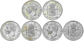 PESETA SYSTEM: ALFONSO XII
Lote 3 monedas 5 Pesetas. 1884 (*18-84) M.S.-M , 1885 (*18-85) M.S.-M y 1885 (*18-86) M.S.-M. (Rayitas y golpecitos). MBC+...