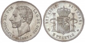 PESETA SYSTEM: ALFONSO XII
5 Pesetas. 1885 (*18-87). M.S.-M. (Leves rayitas). (EBC/EBC-).