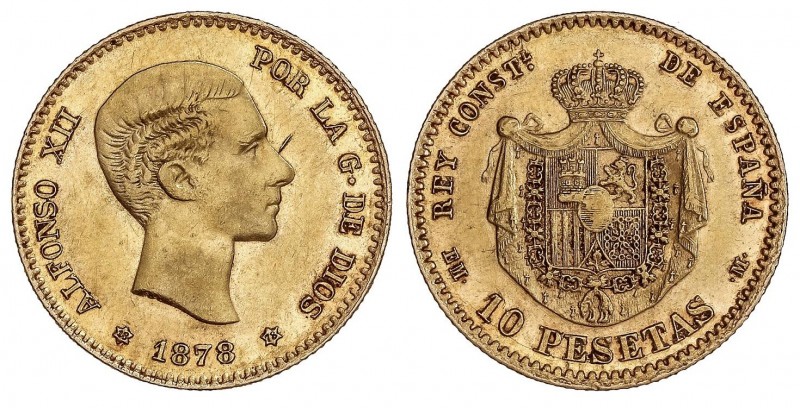 PESETA SYSTEM: ALFONSO XII
10 Pesetas. 1878 (*18-78). E.M.-M. (Rayitas). MBC.