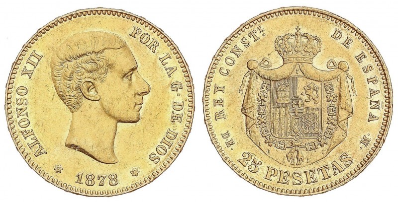 PESETA SYSTEM: ALFONSO XII
25 Pesetas. 1878 (*18-78). D.E.-M. (Rayitas en segun...