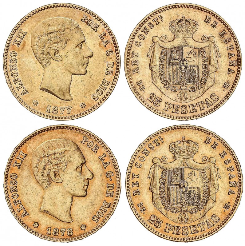 PESETA SYSTEM: ALFONSO XII
Lote 2 monedas 25 Pesetas. 1877 (*18-77) y 1878 (*18...