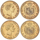 PESETA SYSTEM: ALFONSO XII
Lote 2 monedas 25 Pesetas. 1877 y 1879. 1877 (*18-77) D.E.-M. y 1879 (*18-79) E.M.-M. MBC+.