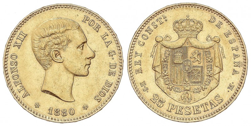 PESETA SYSTEM: ALFONSO XII
25 Pesetas. 1880 (*18-80). M.S.-M. EBC-.