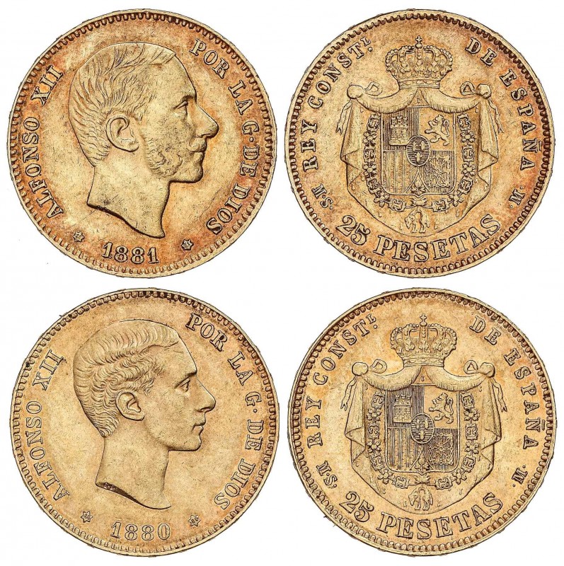 PESETA SYSTEM: ALFONSO XII
Lote 2 monedas 25 Pesetas. 1880 (*18-80) y 1881 (*18...