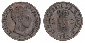PESETA SYSTEM: ALFONSO XIII
1 Céntimo. 1906 (*6). S.M.-V. Pátina. RARA. EBC.