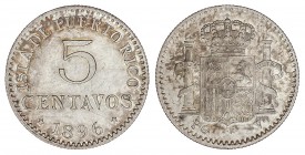 PESETA SYSTEM: ALFONSO XIII
5 Centavos. 1896. PUERTO RICO. P.G.-V. (Leves rayitas). Pátina. EBC.