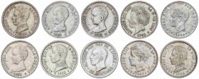 PESETA SYSTEM: ALFONSO XIII
Lote 10 monedas 50 Céntimos. 1892 (*9-2) P.G.-M., 1892 (*6-2) P.G.-M., 1892 (*2-2) P.G.-M., 1894 (*9-4) P.G.-V., 1896 (*9...