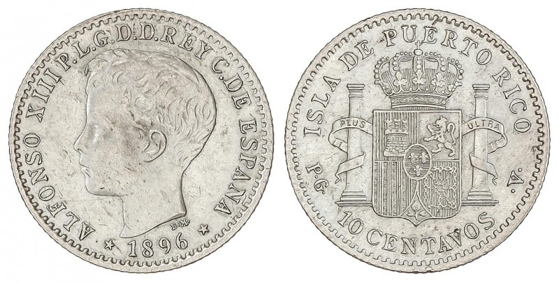 PESETA SYSTEM: ALFONSO XIII
10 Centavos de Peso. 1896. PUERTO RICO. P.G.-V. (Le...