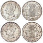 PESETA SYSTEM: ALFONSO XIII
Lote 2 monedas 1 Peseta. 1903 (*19-03) y 1904 (*19-04). S.M.-V. Brillo original y restos de brillo original. SC- y EBC+.