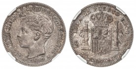 PESETA SYSTEM: ALFONSO XIII
20 Centavos de Peso. 1895. PUERTO RICO. P.G.-V. Encapsulada por NN Coins (nº 2762875-093) como MS 60. Pátina original osc...