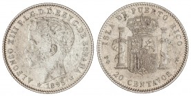 PESETA SYSTEM: ALFONSO XIII
20 Centavos de Peso. 1895. PUERTO RICO. P.G.-V. (Manchitas). EBC-.