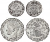 PESETA SYSTEM: ALFONSO XIII
Lote 2 monedas 5 y 20 Centavos de Peso. 1896 y 1895. PUERTO RICO. P.G.-V. MBC y MBC+.