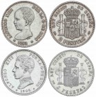 PESETA SYSTEM: ALFONSO XIII
Lote 2 monedas 2 Pesetas. 1892 y 1905. 1892 (*18-92) P.G.-M. y 1905 (*19-05) S.M.-V. MBC+ y EBC+.