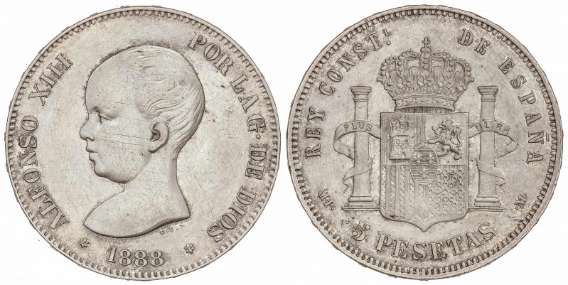 PESETA SYSTEM: ALFONSO XIII
5 Pesetas. 1888 (*18-88). M.P.-M. (Leves rayitas de...