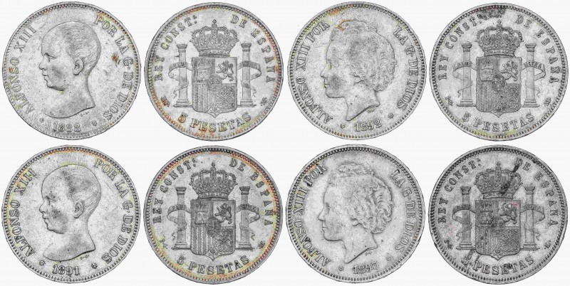 PESETA SYSTEM: ALFONSO XIII
Lote 4 monedas 5 Pesetas. 1888, 1891, 1892 y 1893. ...