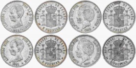 PESETA SYSTEM: ALFONSO XIII
Lote 4 monedas 5 Pesetas. 1888, 1891, 1892 y 1893. 1888 (*18-88) M.P.-M., 1891 (*18-91) P.G.-M., 1892 (*18-92) P.G.M. tip...