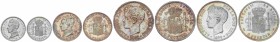 PESETA SYSTEM: ALFONSO XIII
Lote 4 monedas 1, 2 y 5 Pesetas (2). 1898, 1899, 1904 y 1905. Incluye 1 Peseta 1904 (*19-04) S.M.-V. restos de brillo SC-...