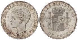PESETA SYSTEM: ALFONSO XIII
1 Peso. 1897. MANILA. S.G.-V. Ligera pátina irregular. EBC/EBC+.