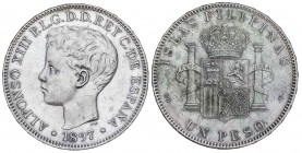 PESETA SYSTEM: ALFONSO XIII
1 Peso. 1897. MANILA. S.G.-V. (Oxidaciones limpiadas). EBC-/MBC+.