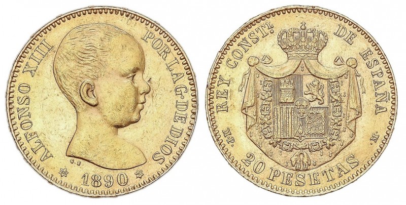 PESETA SYSTEM: ALFONSO XIII
20 Pesetas. 1890 (*18-90). M.P.-M. (Pequeños golpec...