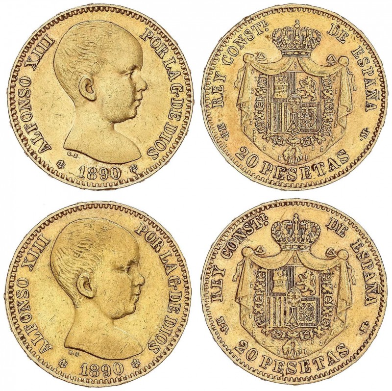 PESETA SYSTEM: ALFONSO XIII
Lote 2 monedas 20 Pesetas. 1890 (*18-90). M.P.-M. A...