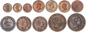 PESETA SYSTEM: LOTS
Lote 12 monedas 1 a 10 Céntimos. GOBIERNO PROVISIONAL, ALFONSO XII y ALFONSO XIII. 1 Céntimo: 1870, 1912 (*2) P.C.-V., 1913 (*3) ...
