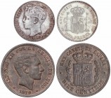 PESETA SYSTEM: LOTS
Lote 2 monedas 10 Céntimos y 1 Peseta. 1879 y 1896. ALFONSO XII y XIII. 10 Céntimos 1879 Barcelona O.M. (levísimos golpecitos en ...