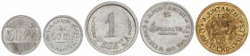 PESETA SYSTEM: LOCAL ISSUES OF THE CIVIL WAR
Serie 5 monedas 25, 50 Cèntims (2) y 1 Pesseta (2). Aj. de L´AMETLLA DEL VALLÈS. Latón y aluminio (4). L...