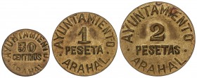PESETA SYSTEM: LOCAL ISSUES OF THE CIVIL WAR
Serie 3 monedas 50 Céntimos, 1 y 2 Pesetas. Ay. de ARAHAL. Latón. Cal-2; HG-230/232. EBC.