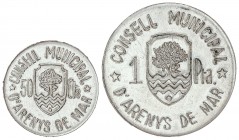 PESETA SYSTEM: LOCAL ISSUES OF THE CIVIL WAR
Serie 2 monedas 50 Cèntims y 1 Pesseta. C.M. d´ARENYS DE MAR. Al. Cal-3; HG-215/216. SC y SC-.
