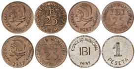 PESETA SYSTEM: LOCAL ISSUES OF THE CIVIL WAR
Serie 4 monedas 25 Céntimos (3) y 1 Peseta. 1937. C.M. de IBI. AE (3) y latón niquelado. Las de 25 Cénti...