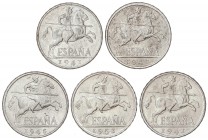 PESETA SYSTEM: ESTADO ESPAÑOL
Serie 5 monedas 10 Céntimos. 1940, 1941 (2), 1945 y 1953. Las de 1941 PLUS y PLVS. A EXAMINAR. EBC a SC.