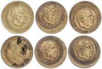 PESETA SYSTEM: ESTADO ESPAÑOL
Lote 6 monedas 1 Peseta. 1953, 1963 y 1966. (*19-59, 63, 64, 65, 67). ERROR: Todas con acuñación desplazada 1,5 a 3 mm....