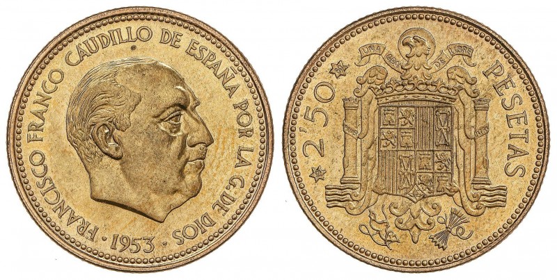 PESETA SYSTEM: ESTADO ESPAÑOL
2,50 Pesetas. 1953 (*19-69). Procedente de tira F...