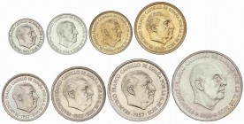 PESETA SYSTEM: ESTADO ESPAÑOL
Serie 8 monedas 10 Cénitmos a 100 Pesetas. (*69). En tira original F.N.M.T. Tirada máxima: 1.200 series. PRUEBAS.