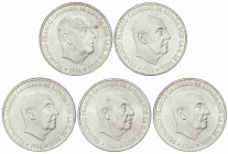 PESETA SYSTEM: ESTADO ESPAÑOL
Serie 5 monedas 100 Pesetas. 1966 (*19-66 a 19-70). AR. Todas diferentes. La de 1969 Palo Curvo. A EXAMINAR. SC.