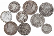 LOTS AND COLLECTIONS
Lote 9 monedas 1/2 y 1 Real. 1740 a 1794. FELIPE V, FERNANDO VI, CARLOS III (5) y CARLOS IV. LIMA (2), MADRID (2), MÉXICO (2) y ...
