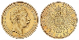 WORLD COINS: GERMAN STATES
German States
20 Marcos. 1906-A. GUILLERMO II. PRUSIA. BERLÍN. 7,96 grs. AU. Fr-3831; KM-521. EBC.