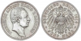 WORLD COINS: GERMAN STATES
German States
5 Marcos. 1914-E. FEDERICO AUGUSTO III. SAJONIA. MULDENHUTTEN. 27,78 grs. AR. Brillo original. KM-1266. EBC...