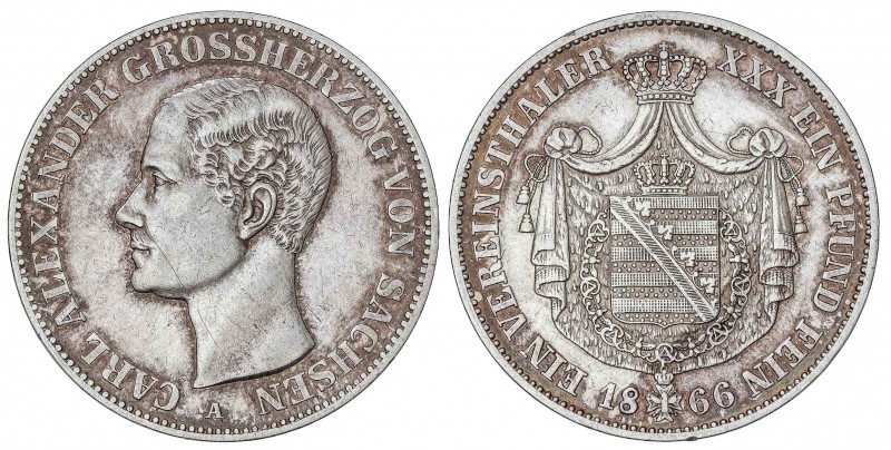 WORLD COINS: GERMAN STATES
German States
Thaler. 1866-A. CARLOS ALEJANDRO. SAX...