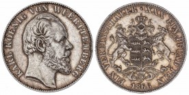 WORLD COINS: GERMAN STATES
German States
Thaler. 1866. CARLOS I. WURTTEMBERG. 18,45 grs. AR. KM-615. MBC+/EBC-.