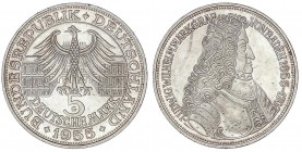 WORLD COINS: GERMANY
Germany
5 Marcos. 1955-G. KARLSRUHE. 11,20 grs. AR. III Centenario nacimiento Von Baden. (Rayitas y golpecitos). KM-115. EBC+.