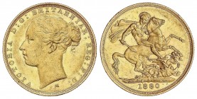 WORLD COINS: AUSTRALIA
Australia
Soberano. 1880-M. VICTORIA. MELBOURNE. 7,97 grs. AU. (Golpecitos en anverso). Restos de brillo original. Fr-16; KM-...
