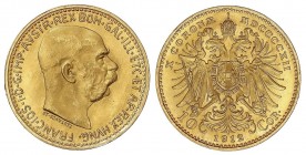 WORLD COINS: AUSTRIA
Austria
10 Coronas. 1912. FRANCISCO JOSÉ I. 3,39 grs. AU. Reacuñación oficial (Restrike). Fr-513R; KM-2816. SC.