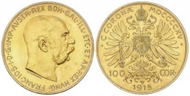 WORLD COINS: AUSTRIA
Austria
100 Coronas. 1915. FRANCISCO JOSÉ I. 33,86 grs. AU. Reacuñación (Restrike). Fr-507R; KM-2819. SC.