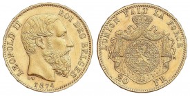 WORLD COINS: BELGIUM
Belgium
20 Francos. 1874. LEOPOLDO II. 6,44 grs. AU. Leyenda en canto: Posición A. Restos de brillo original. Fr-8; KM-37. EBC+...